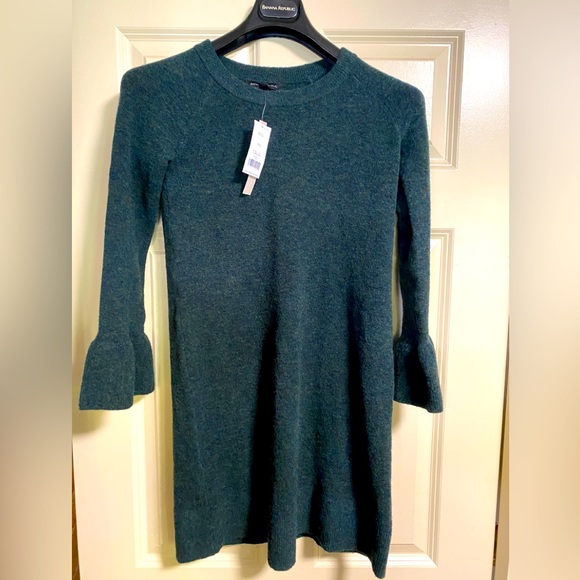 BANANA REPUBLIC NWT DARK GREEN WOOL KNIT SWEATER DRESS LONG SLEEVES XXS - Picture 1 of 10